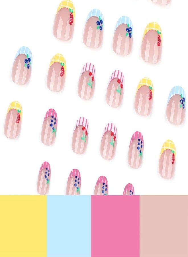 HJKDSFD Summer Press on Nails Short Almond Fake Nails Cute Cartoon Fruit Stick on Nails French Tip Glue on Nails Glossy False Nails Full Cover Acrylic Nails Press on Reusable Nails for Women Girls 24PCS - Image 3